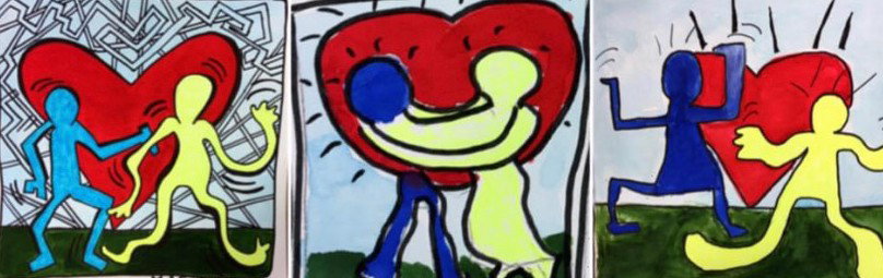 Drie tekeningen in Keith Haring-stijl met figuurtjes en een rood hart